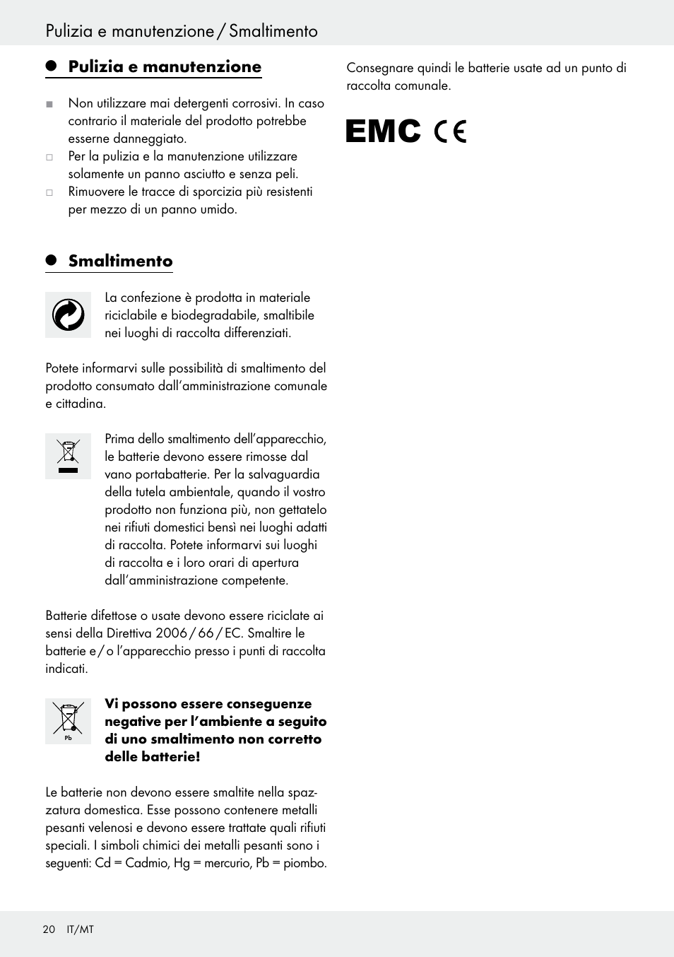 Q pulizia e manutenzione, Q smaltimento, Pulizia e manutenzione | Smaltimento, Pulizia e manutenzione / smaltimento | Crivit Z31434 User Manual | Page 20 / 43