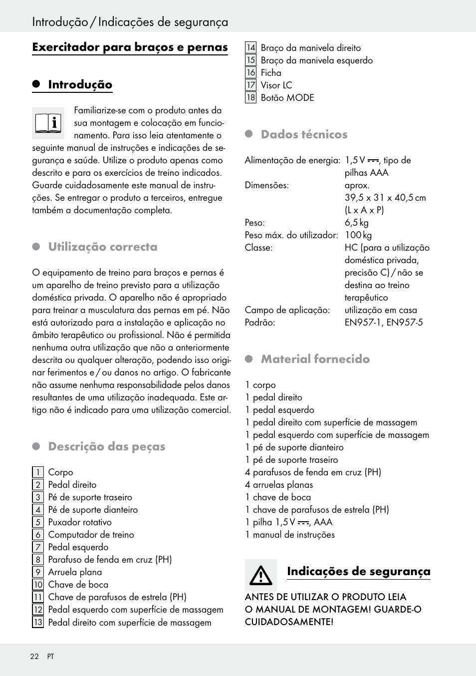 Q introdução, Q utilização correcta, Q descrição das peças | Q dados técnicos, Q material fornecido, Indicações de segurança, Introdução, Introdução / indicações de segurança, Exercitador para braços e pernas, Utilização correcta | Crivit Z31434 User Manual | Page 22 / 43