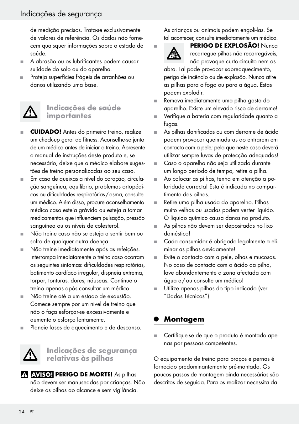 Indicações de saúde importantes, Indicações de segurança relativas às pilhas, Q montagem | Montagem, Indicações de segurança | Crivit Z31434 User Manual | Page 24 / 43