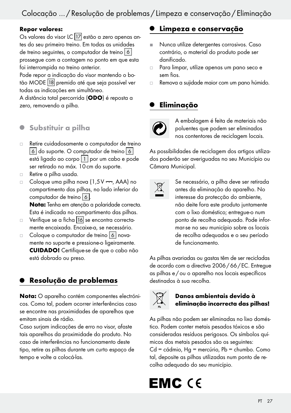 Q substituir a pilha, Resolução de problemas, Q limpeza e conservação | Q eliminação, Limpeza e conservação, Eliminação, Substituir a pilha | Crivit Z31434 User Manual | Page 27 / 43