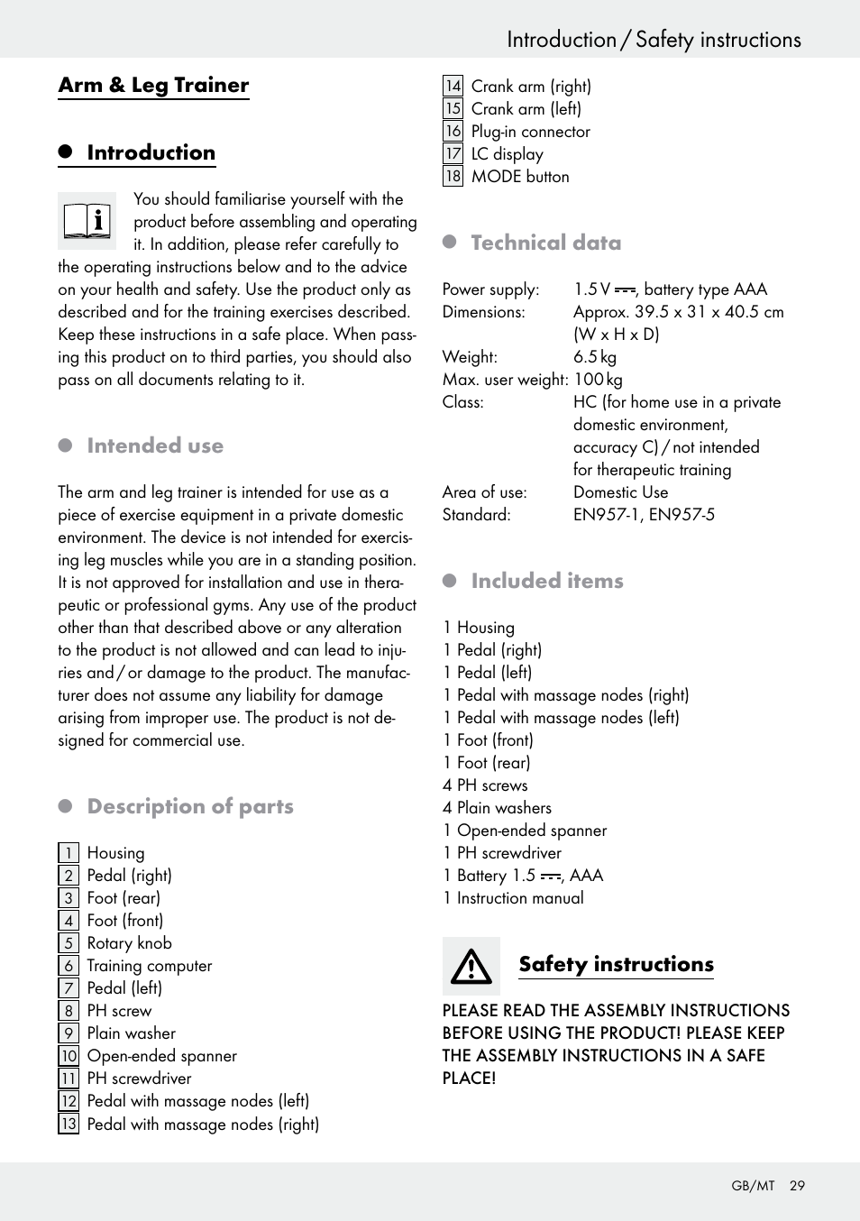 Q introduction, Q intended use, Q description of parts | Q technical data, Q included items, Safety instructions, Introduction, Introduction / safety instructions, Arm & leg trainer, Intended use | Crivit Z31434 User Manual | Page 29 / 43