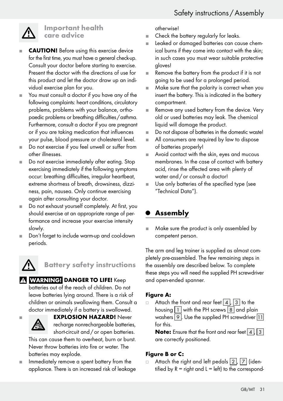 Important health care advice, Battery safety instructions, Q assembly | Assembly, Safety instructions / assembly | Crivit Z31434 User Manual | Page 31 / 43