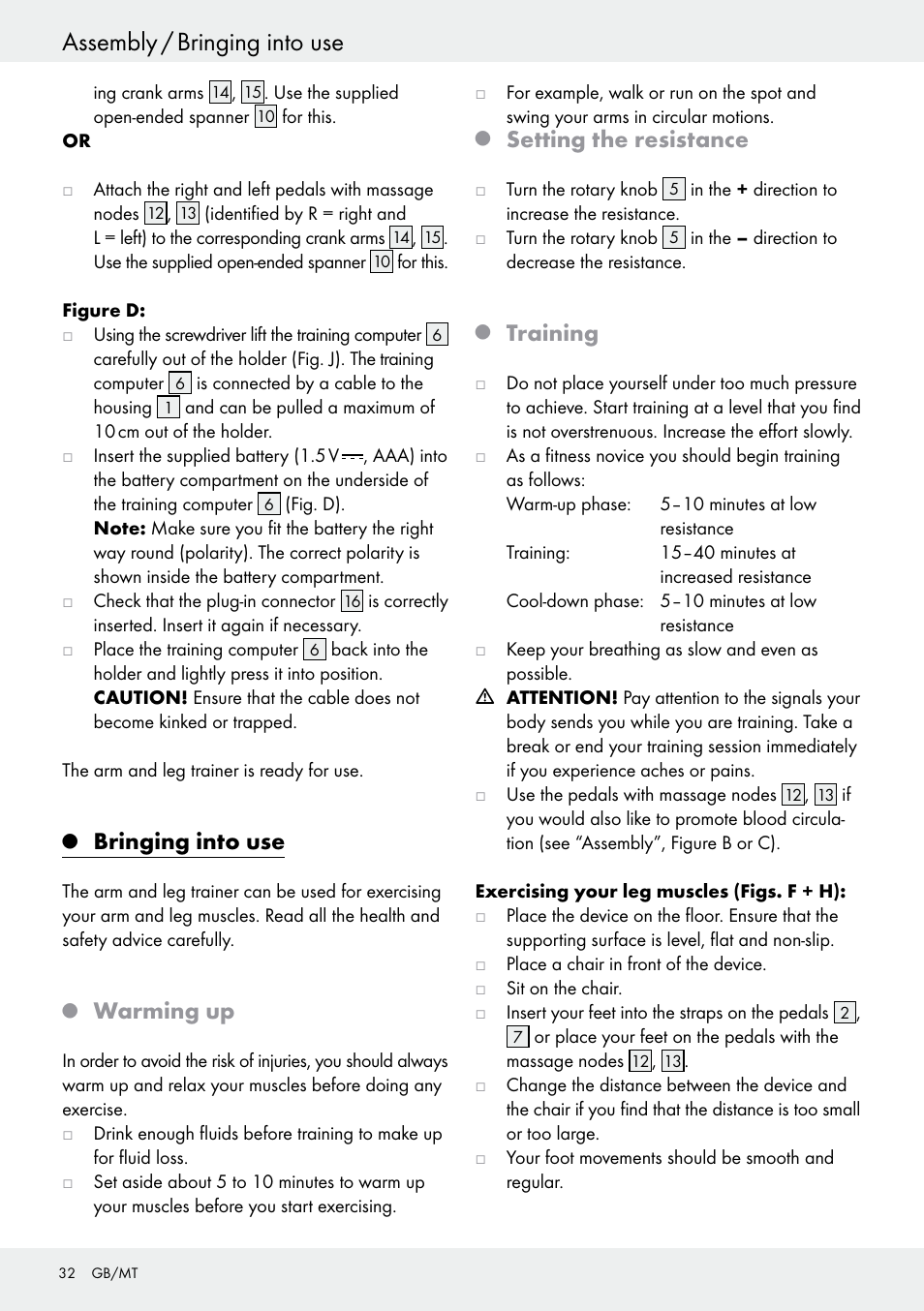 Q bringing into use, Q warming up, Q setting the resistance | Q training, Bringing into use, Assembly / bringing into use, Warming up, Setting the resistance, Training | Crivit Z31434 User Manual | Page 32 / 43