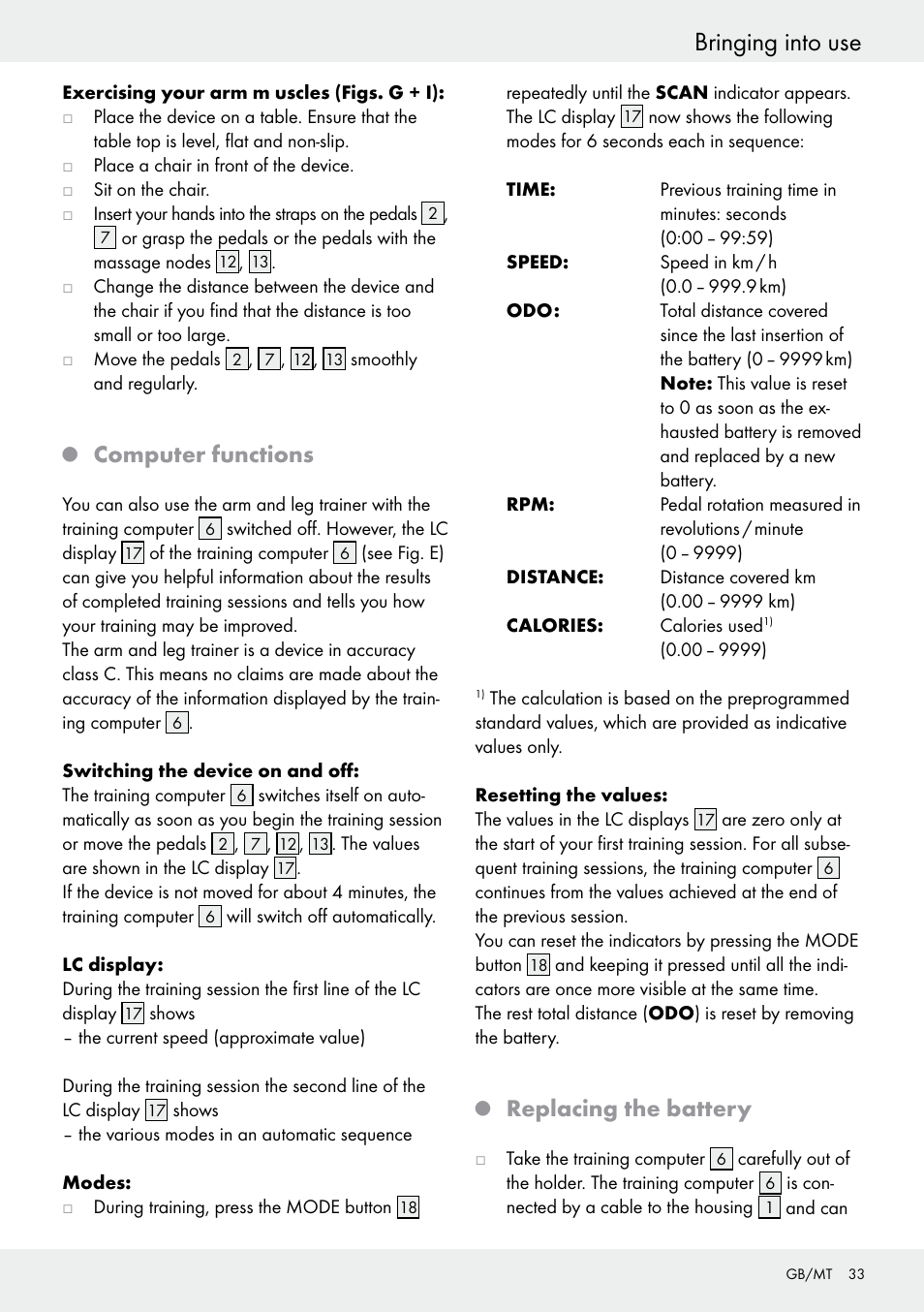 Q computer functions, Q replacing the battery, Bringing into use | Computer functions, Replacing the battery | Crivit Z31434 User Manual | Page 33 / 43