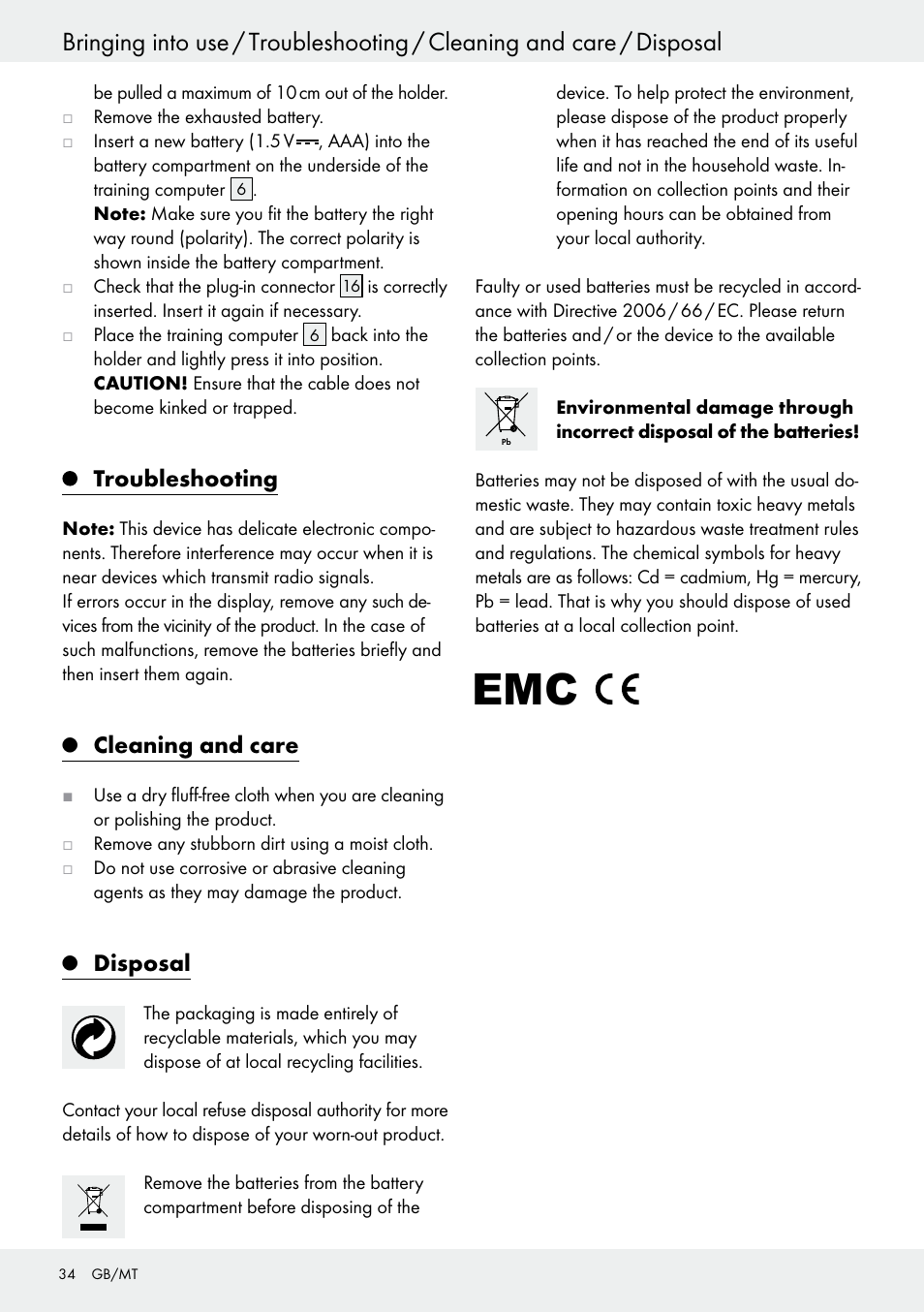 Troubleshooting, Q cleaning and care, Q disposal | Cleaning and care, Disposal | Crivit Z31434 User Manual | Page 34 / 43