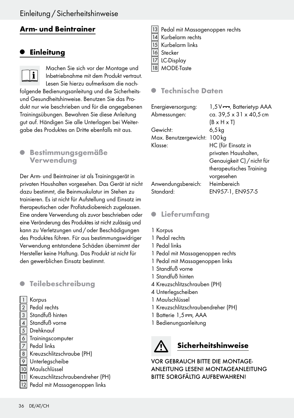 Q einleitung, Q bestimmungsgemäße verwendung, Q teilebeschreibung | Q technische daten, Q lieferumfang, Sicherheitshinweise, Einleitung, Seite 36, Einleitung / sicherheitshinweise, Arm- und beintrainer | Crivit Z31434 User Manual | Page 36 / 43