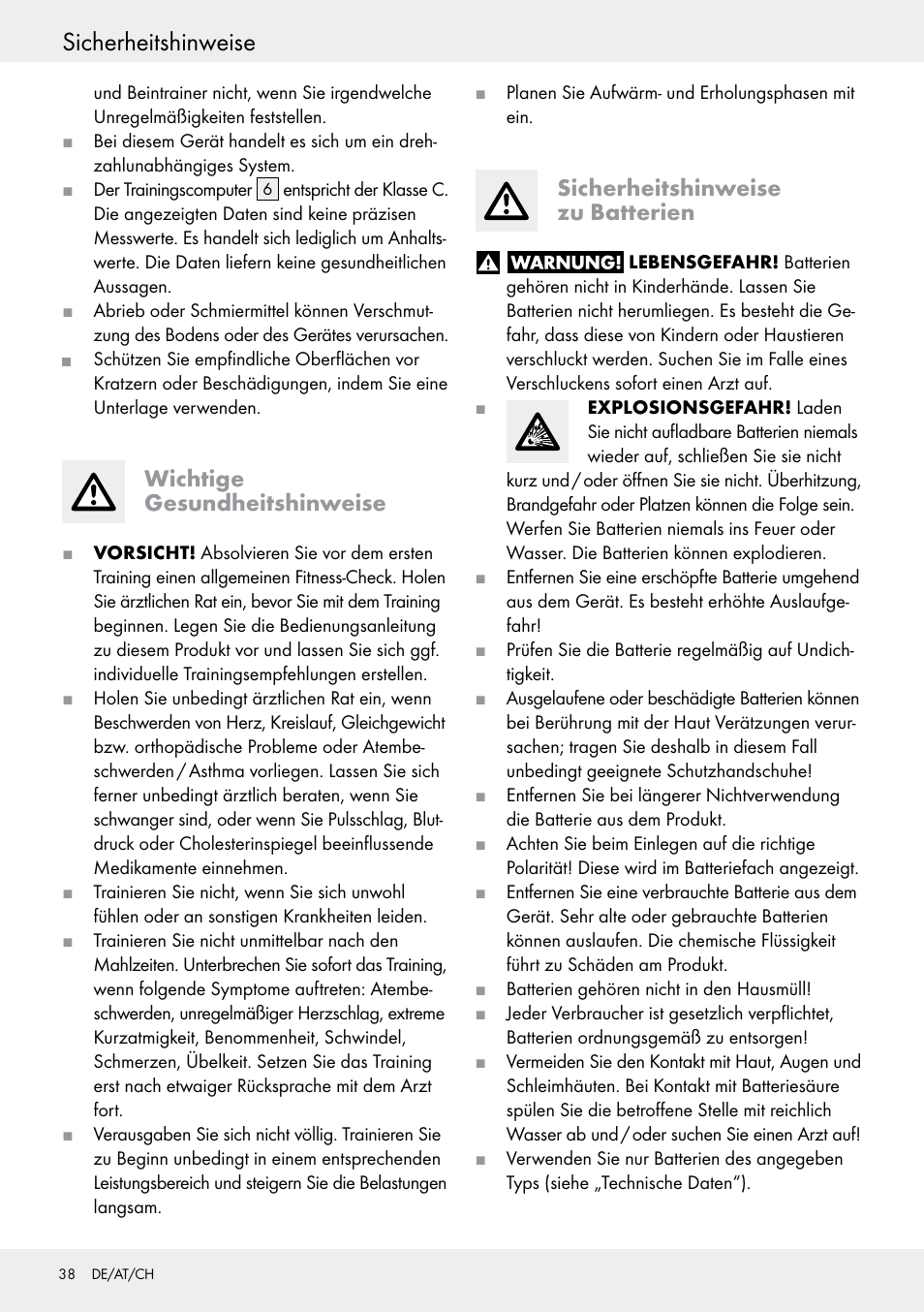 Wichtige gesundheitshinweise, Sicherheitshinweise zu batterien, Sicherheitshinweise | Crivit Z31434 User Manual | Page 38 / 43