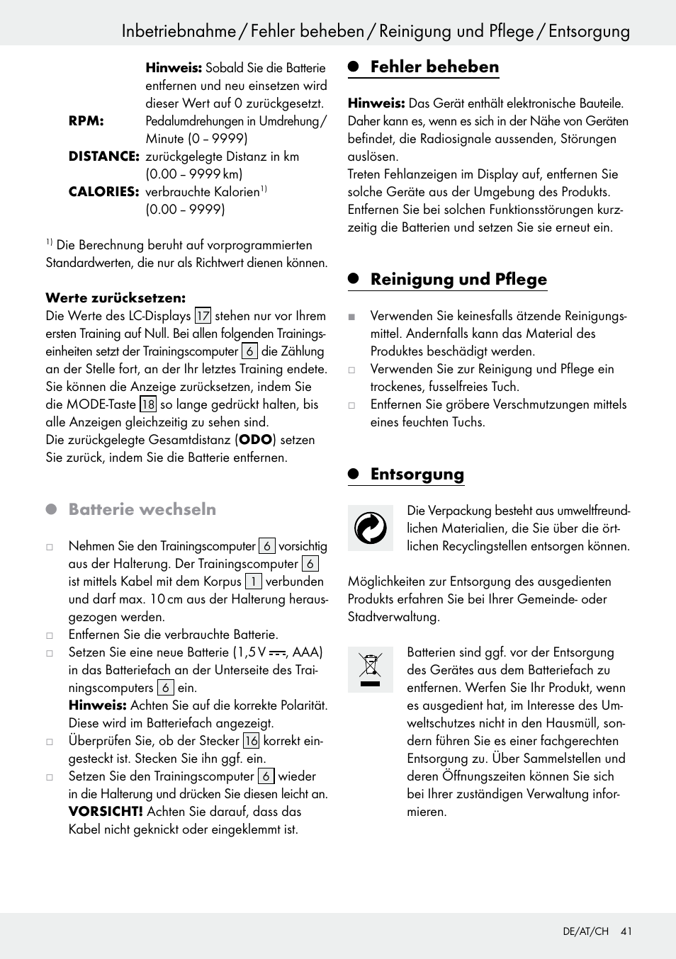 Q batterie wechseln, Fehler beheben, Q reinigung und pflege | Q entsorgung, Seite 41, Reinigung und pflege, Entsorgung, Batterie wechseln | Crivit Z31434 User Manual | Page 41 / 43