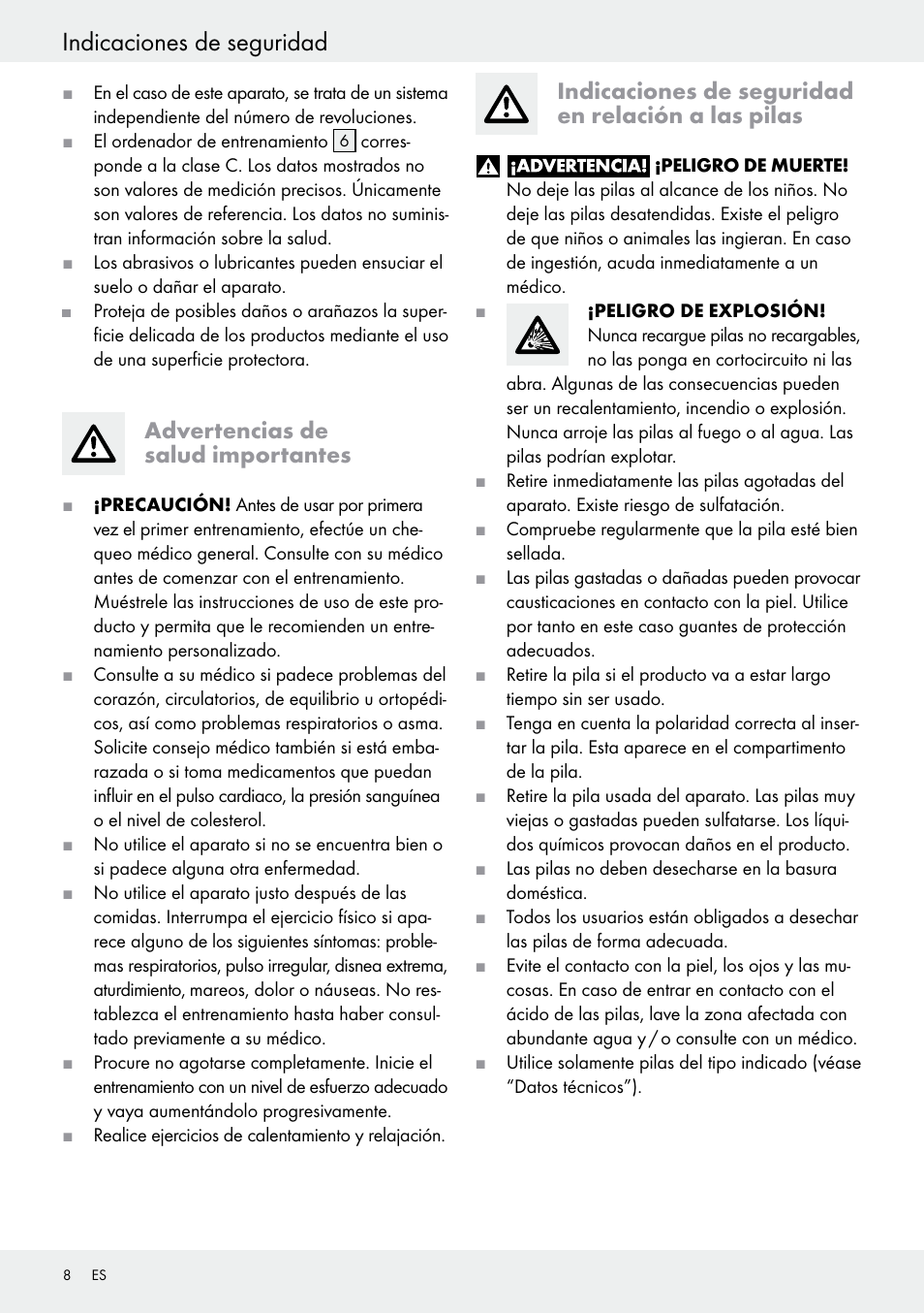 Advertencias de salud importantes, Indicaciones de seguridad en relación a las pilas, Indicaciones de seguridad | Crivit Z31434 User Manual | Page 8 / 43