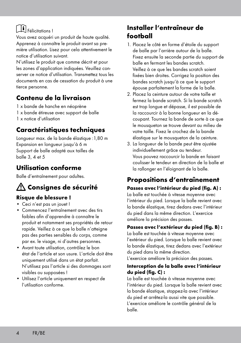 Contenu de la livraison, Caractéristiques techniques, Utilisation conforme | Consignes de sécurité, Installer l‘entraîneur de football, Propositions d‘entraînement | Crivit FT-1625 User Manual | Page 4 / 12