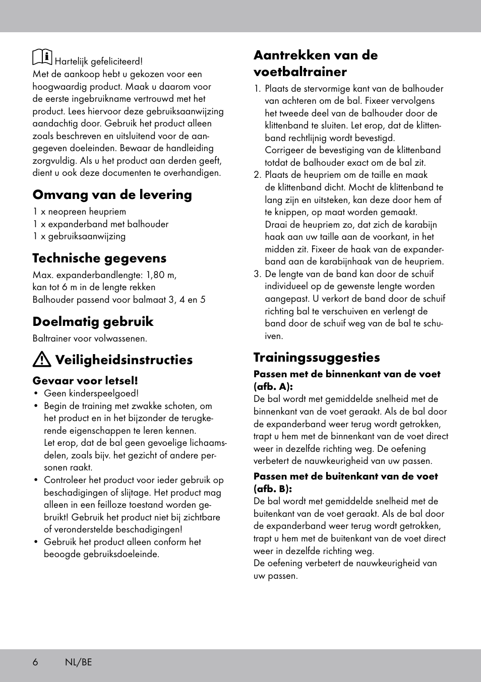 Omvang van de levering, Technische gegevens, Doelmatig gebruik | Veiligheidsinstructies, Aantrekken van de voetbaltrainer, Trainingssuggesties | Crivit FT-1625 User Manual | Page 6 / 12