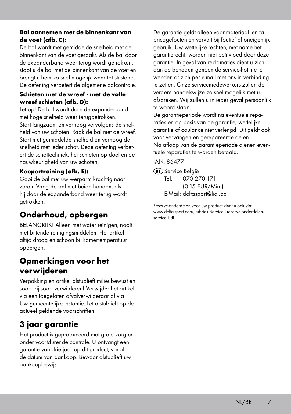 Onderhoud, opbergen, Opmerkingen voor het verwijderen, 3 jaar garantie | Crivit FT-1625 User Manual | Page 7 / 12
