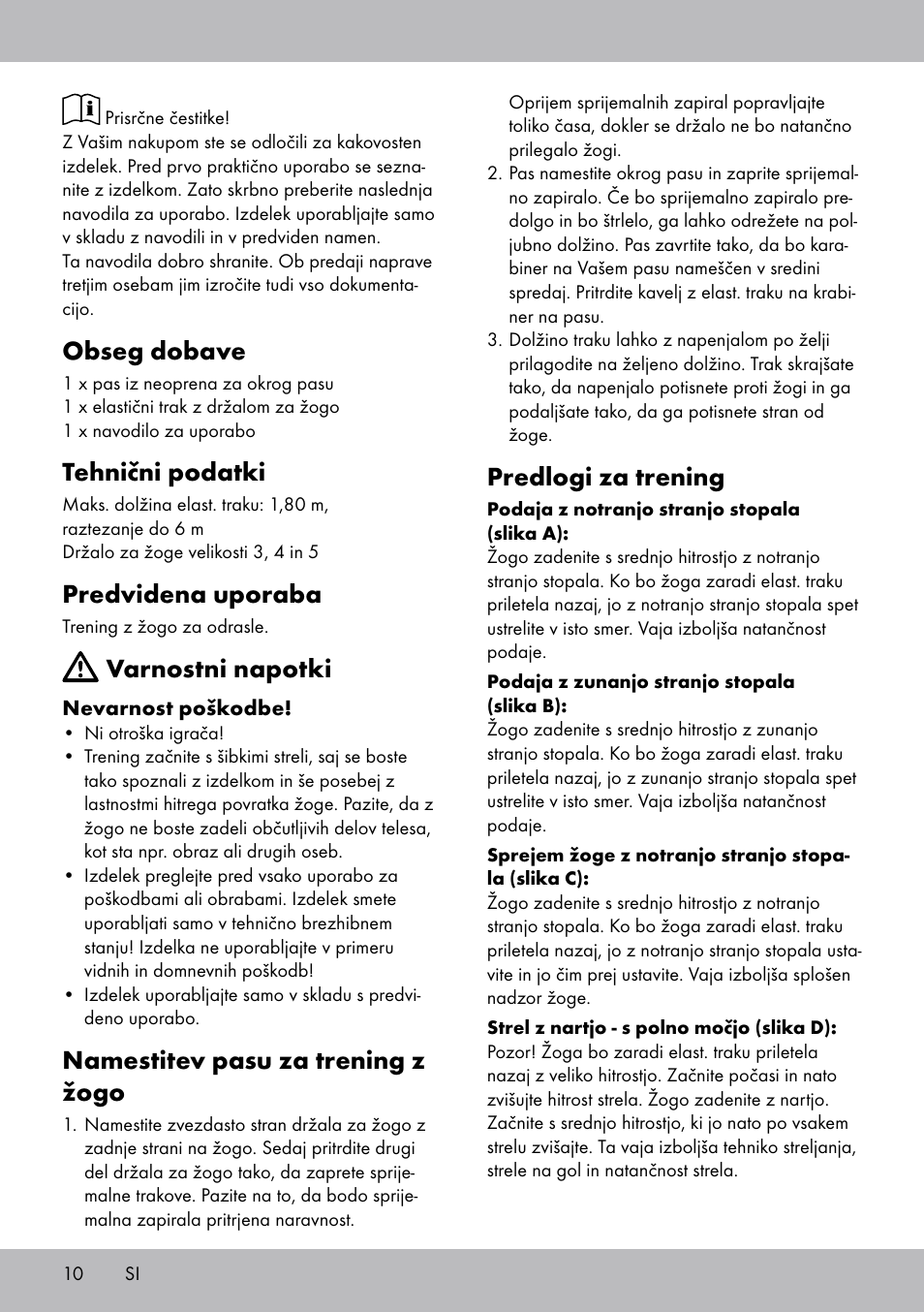 Obseg dobave, Tehnični podatki, Predvidena uporaba | Varnostni napotki, Namestitev pasu za trening z žogo, Predlogi za trening | Crivit FT-1625 User Manual | Page 10 / 20
