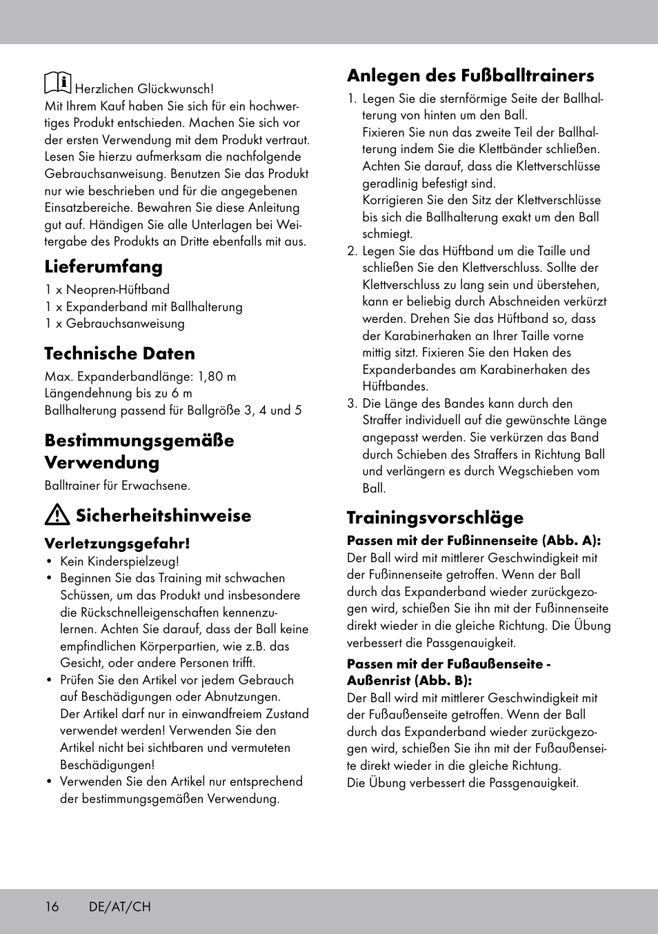 Lieferumfang, Technische daten, Bestimmungsgemäße verwendung | Sicherheitshinweise, Anlegen des fußballtrainers, Trainingsvorschläge | Crivit FT-1625 User Manual | Page 16 / 20