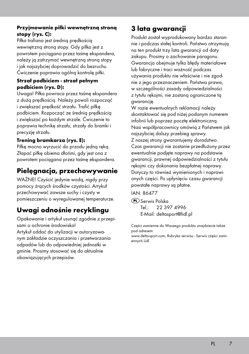 3 lata gwarancji, Pielęgnacja, przechowywanie, Uwagi odnośnie recyklingu | Crivit FT-1625 User Manual | Page 7 / 20
