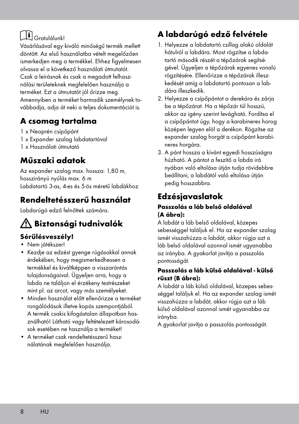 A csomag tartalma, Műszaki adatok, Rendeltetésszerű használat | Biztonsági tudnivalók, A labdarúgó edző felvétele, Edzésjavaslatok | Crivit FT-1625 User Manual | Page 8 / 20