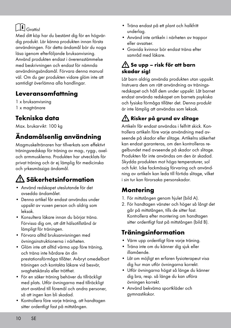 Montering, Träningsinformation, Leveransomfattning | Tekniska data, Ändamålsenlig användning, Säkerhetsinformation | Crivit DF-1756 Bauchtrainer User Manual | Page 10 / 20