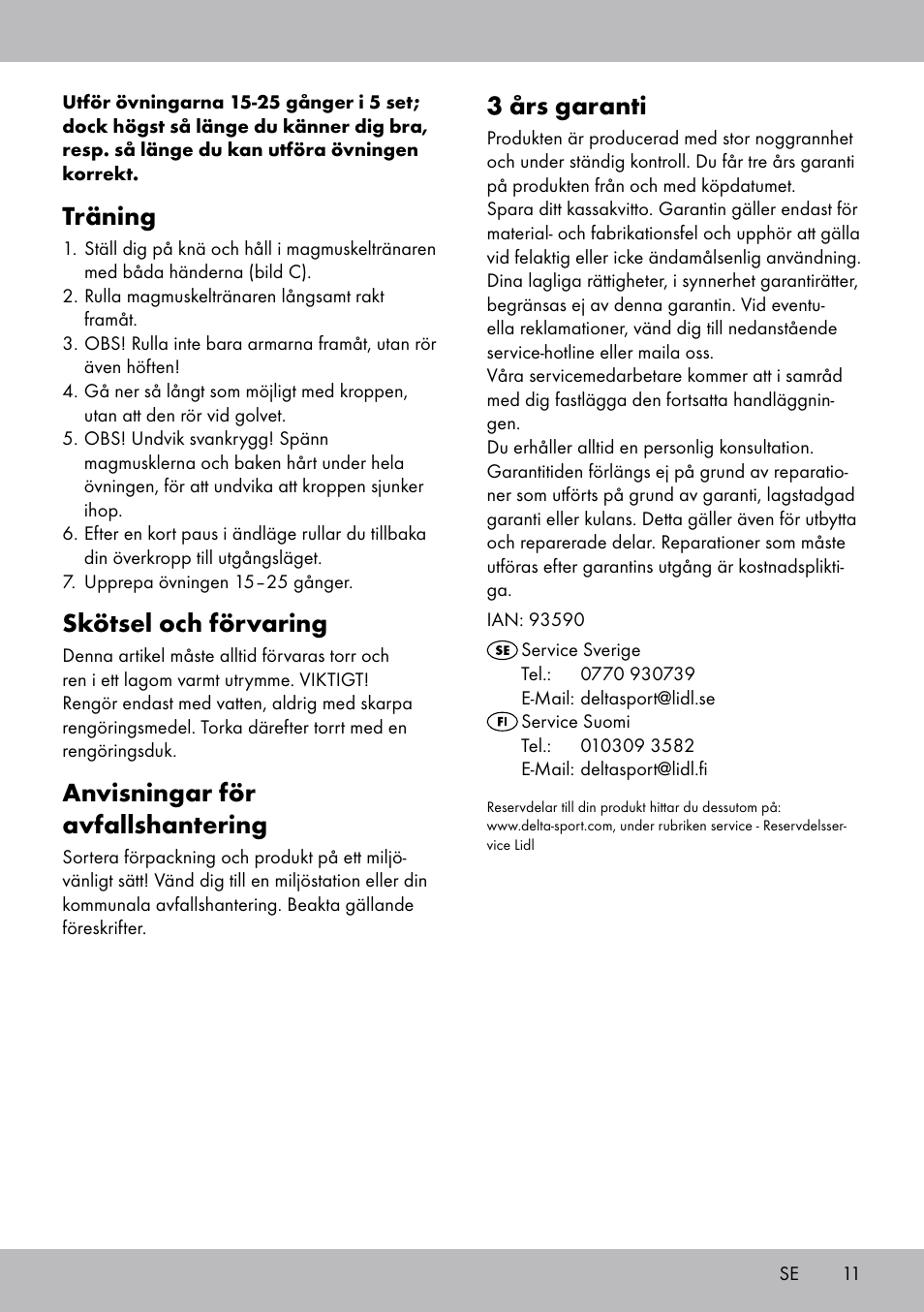 3 års garanti, Träning, Skötsel och förvaring | Anvisningar för avfallshantering | Crivit DF-1756 Bauchtrainer User Manual | Page 11 / 20