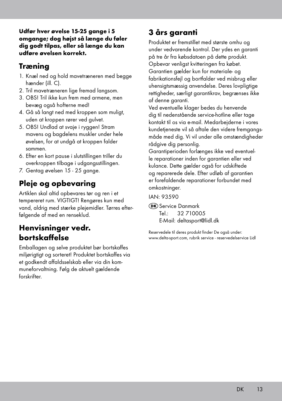 3 års garanti, Træning, Pleje og opbevaring | Henvisninger vedr. bortskaffelse | Crivit DF-1756 Bauchtrainer User Manual | Page 13 / 20