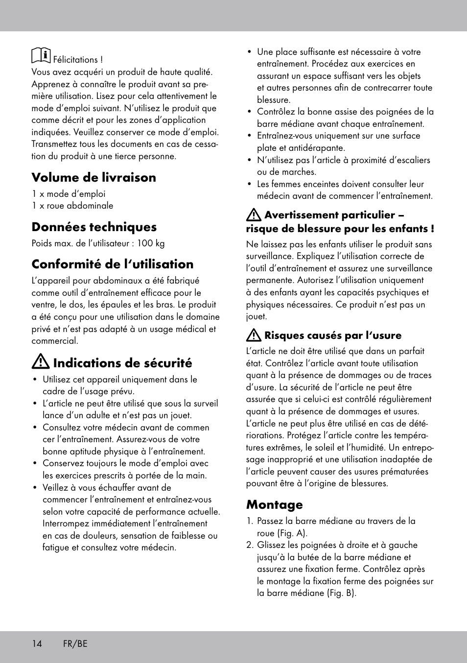 Montage, Volume de livraison, Données techniques | Conformité de l‘utilisation, Indications de sécurité | Crivit DF-1756 Bauchtrainer User Manual | Page 14 / 20