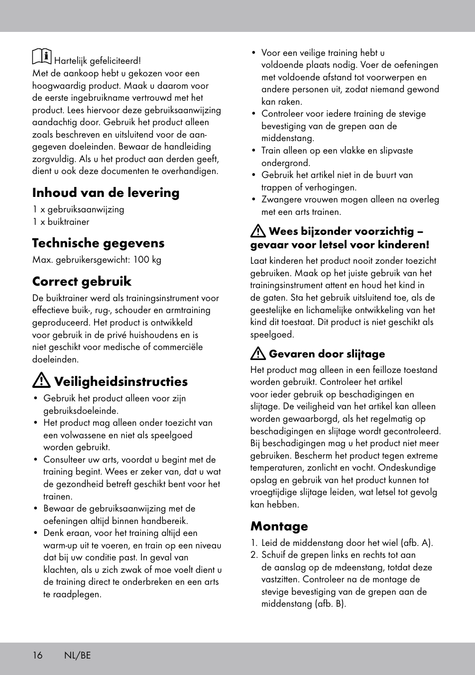 Montage, Inhoud van de levering, Technische gegevens | Correct gebruik, Veiligheidsinstructies | Crivit DF-1756 Bauchtrainer User Manual | Page 16 / 20