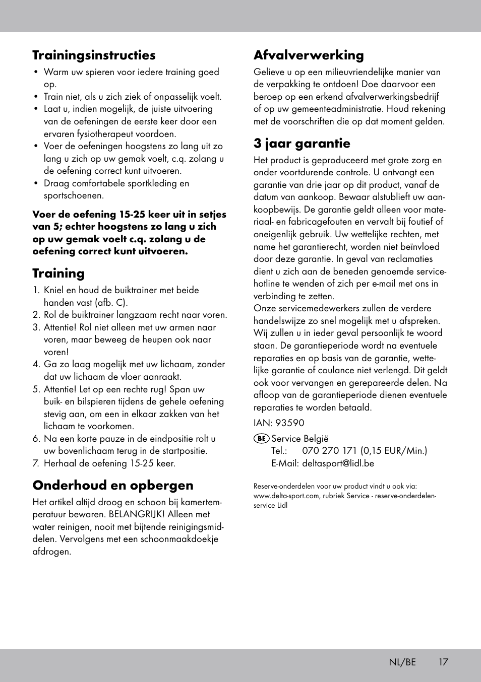 Afvalverwerking, 3 jaar garantie, Trainingsinstructies | Training, Onderhoud en opbergen | Crivit DF-1756 Bauchtrainer User Manual | Page 17 / 20