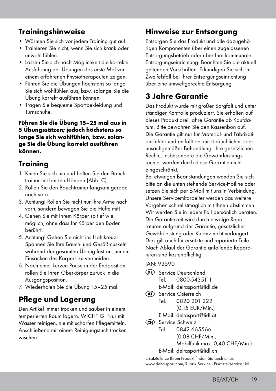 Hinweise zur entsorgung, 3 jahre garantie, Trainingshinweise | Training, Pflege und lagerung | Crivit DF-1756 Bauchtrainer User Manual | Page 19 / 20
