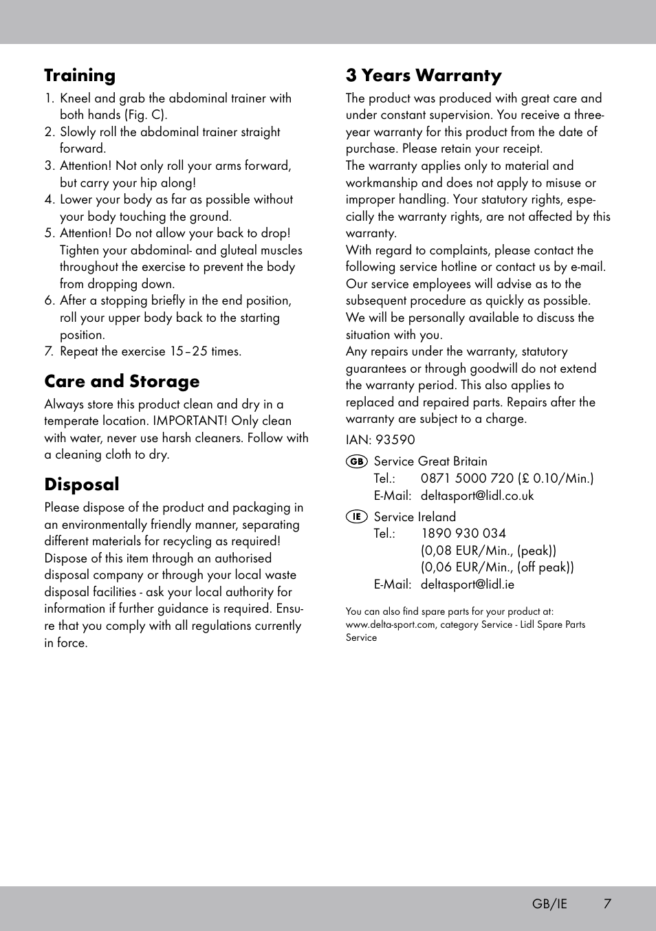 3 years warranty, Training, Care and storage | Disposal | Crivit DF-1756 Bauchtrainer User Manual | Page 7 / 20