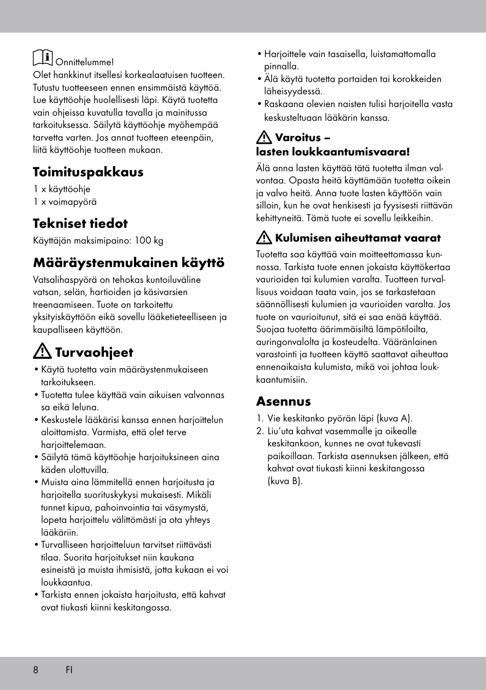 Asennus, Toimituspakkaus, Tekniset tiedot | Määräystenmukainen käyttö, Turvaohjeet | Crivit DF-1756 Bauchtrainer User Manual | Page 8 / 20