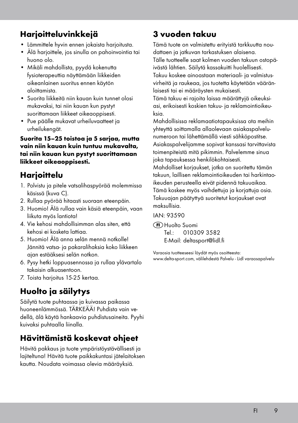 3 vuoden takuu, Harjoitteluvinkkejä, Harjoittelu | Huolto ja säilytys, Hävittämistä koskevat ohjeet | Crivit DF-1756 Bauchtrainer User Manual | Page 9 / 20