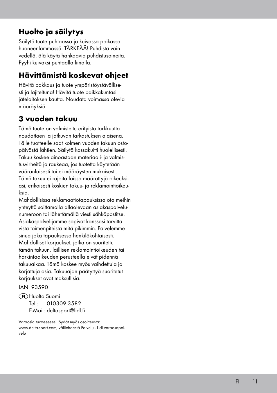 Huolto ja säilytys, Hävittämistä koskevat ohjeet, 3 vuoden takuu | Crivit DF-1757 Multiexpander User Manual | Page 11 / 28