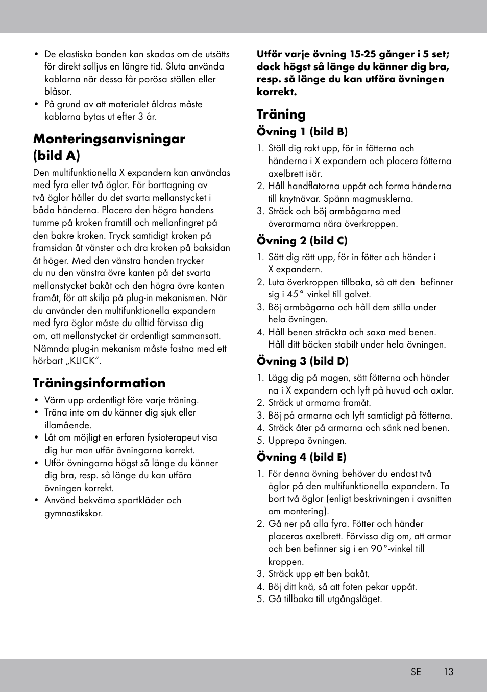 Monteringsanvisningar (bild a), Träningsinformation, Träning | Crivit DF-1757 Multiexpander User Manual | Page 13 / 28