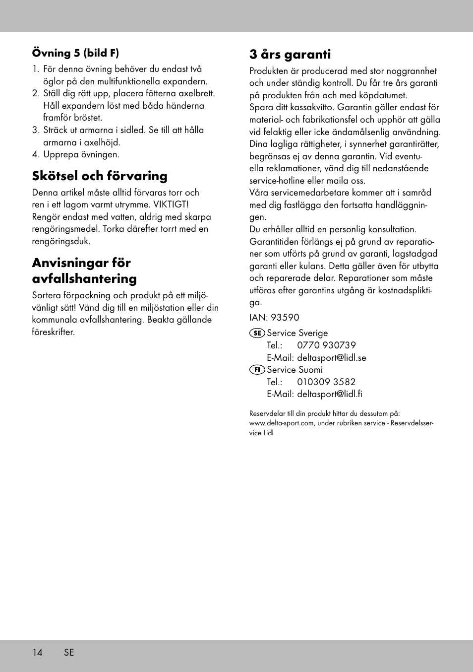3 års garanti, Skötsel och förvaring, Anvisningar för avfallshantering | Crivit DF-1757 Multiexpander User Manual | Page 14 / 28