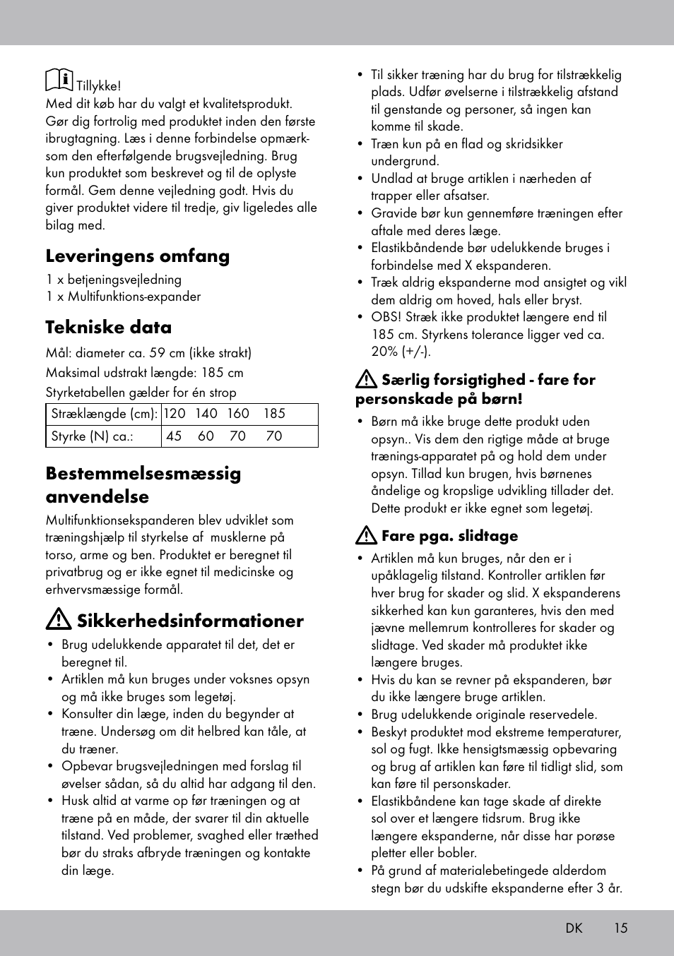 Leveringens omfang, Tekniske data, Bestemmelsesmæssig anvendelse | Sikkerhedsinformationer | Crivit DF-1757 Multiexpander User Manual | Page 15 / 28