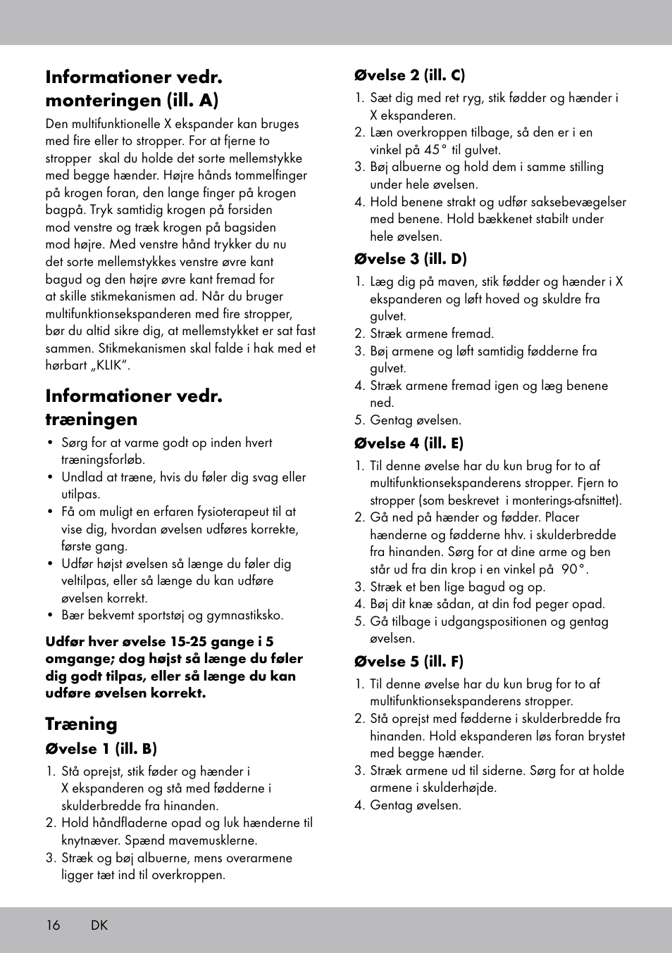 Informationer vedr. monteringen (ill. a), Informationer vedr. træningen, Træning | Crivit DF-1757 Multiexpander User Manual | Page 16 / 28