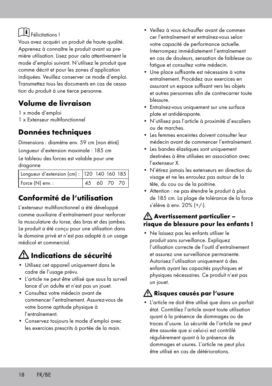 Volume de livraison, Données techniques, Conformité de l‘utilisation | Indications de sécurité | Crivit DF-1757 Multiexpander User Manual | Page 18 / 28