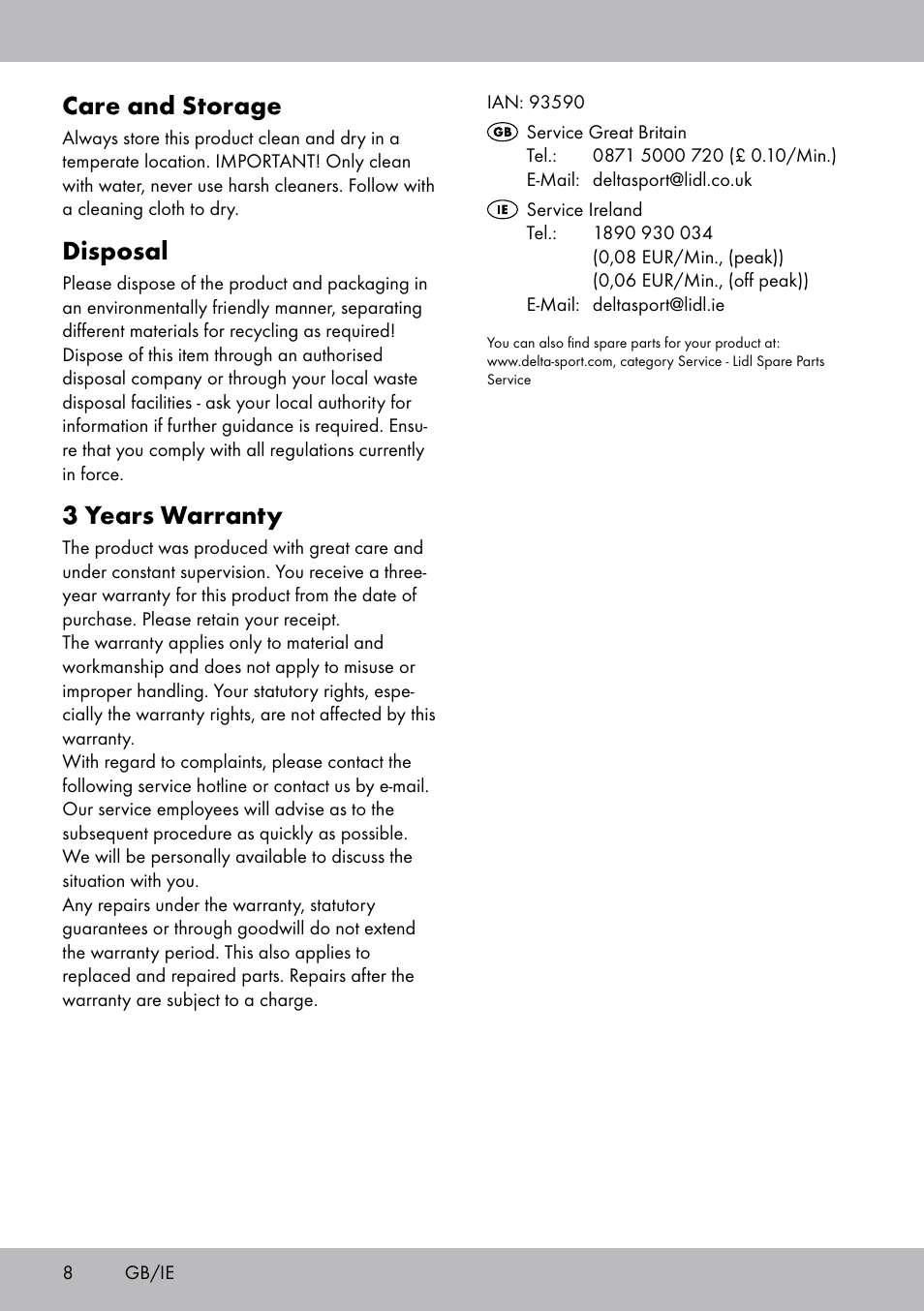 Care and storage, Disposal, 3 years warranty | Crivit DF-1757 Multiexpander User Manual | Page 8 / 28
