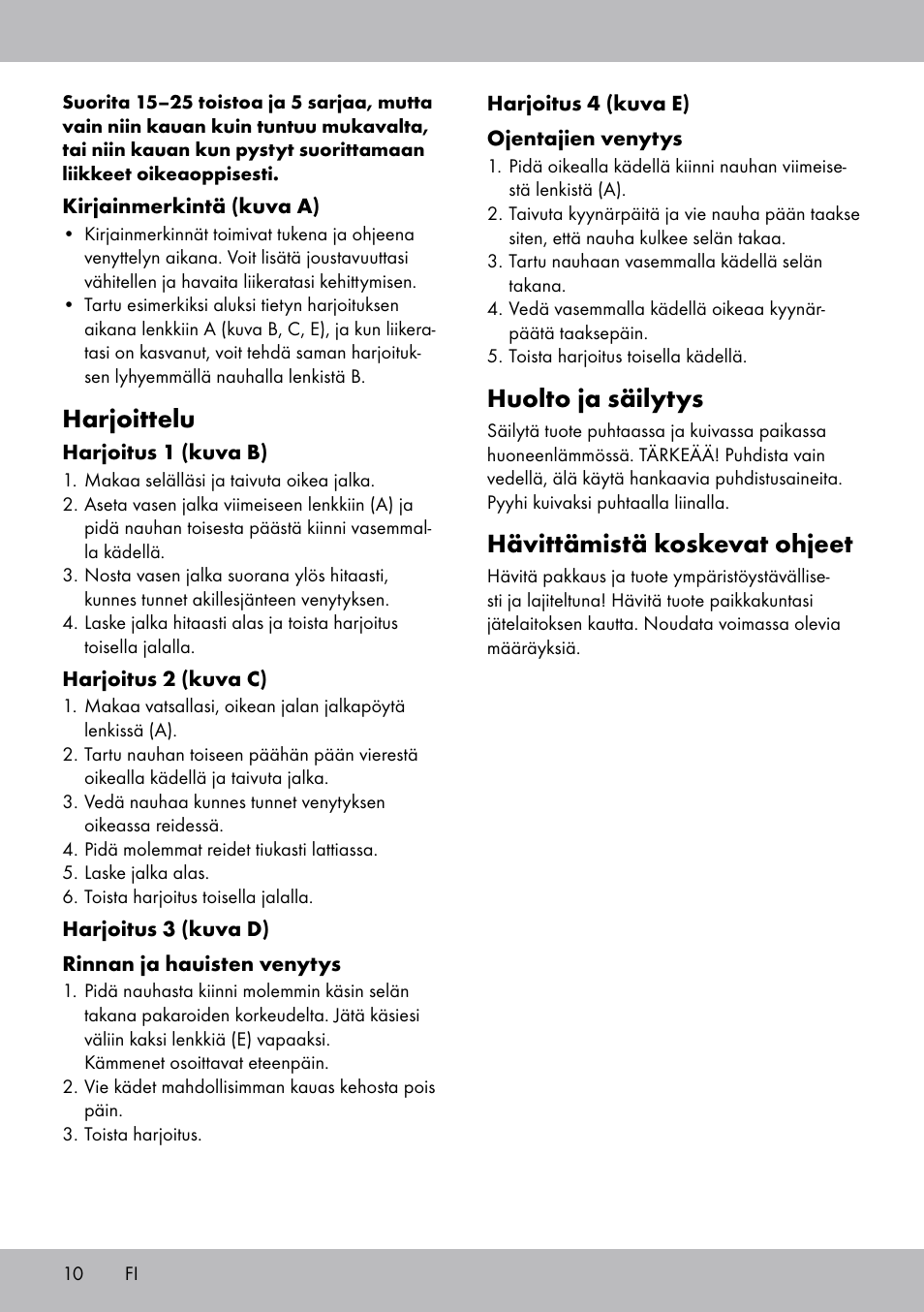 Huolto ja säilytys, Hävittämistä koskevat ohjeet, Harjoittelu | Crivit DF-1758 Stretchband User Manual | Page 10 / 28
