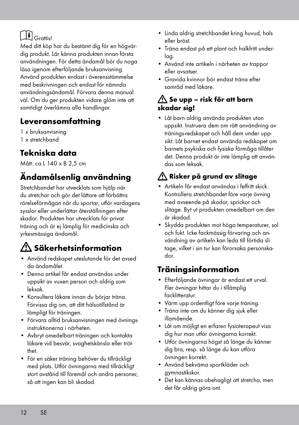 Leveransomfattning, Tekniska data, Ändamålsenlig användning | Säkerhetsinformation, Träningsinformation | Crivit DF-1758 Stretchband User Manual | Page 12 / 28