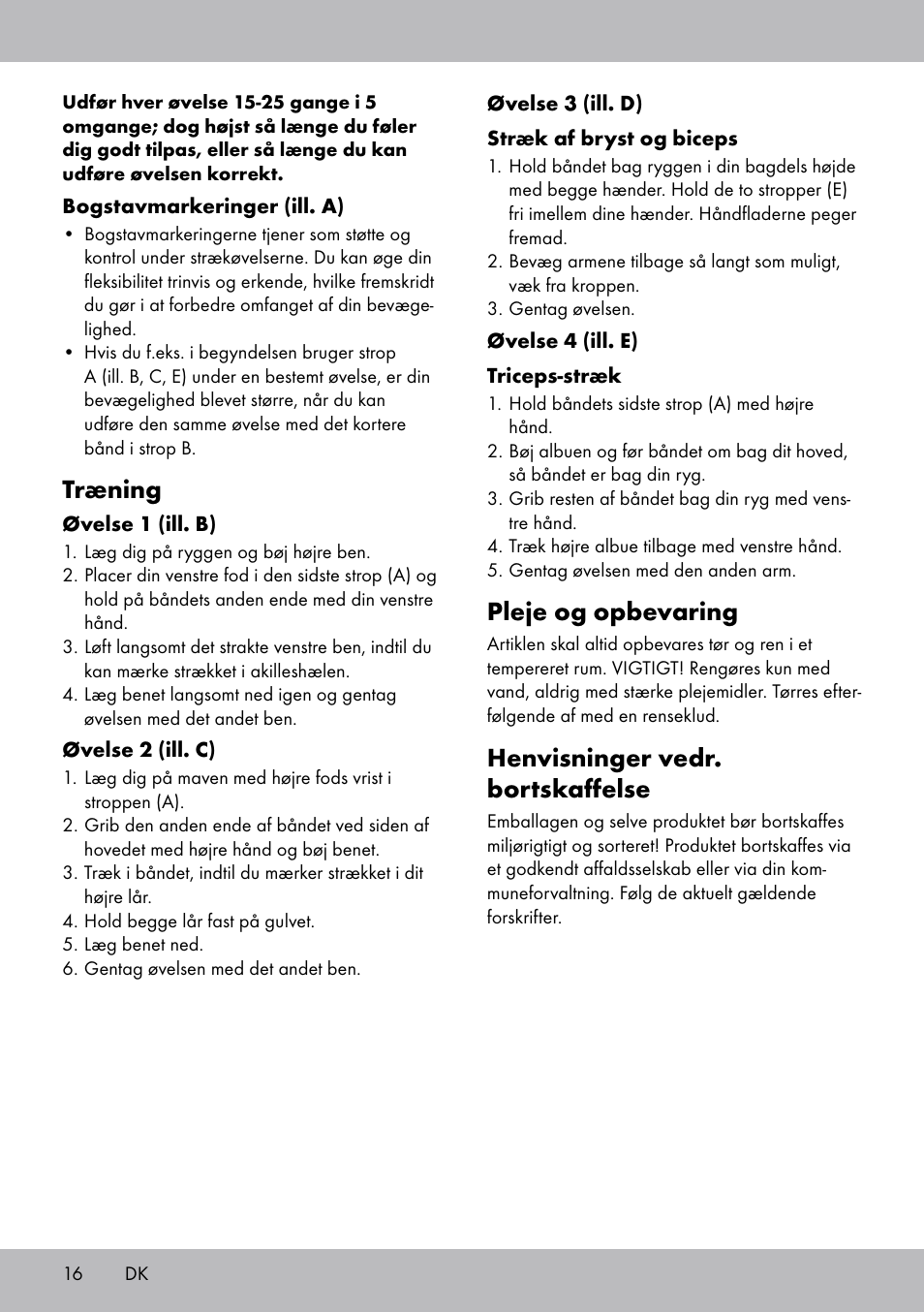 Pleje og opbevaring, Henvisninger vedr. bortskaffelse, Træning | Crivit DF-1758 Stretchband User Manual | Page 16 / 28