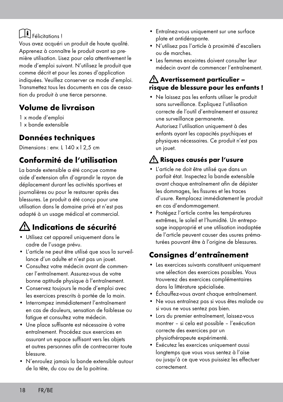 Volume de livraison, Données techniques, Conformité de l‘utilisation | Indications de sécurité, Consignes d‘entraînement | Crivit DF-1758 Stretchband User Manual | Page 18 / 28