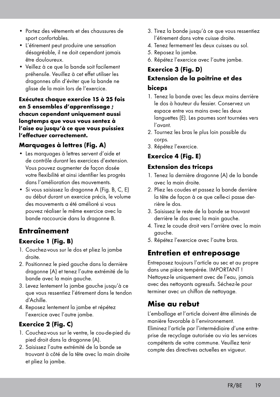 Entretien et entreposage, Mise au rebut, Entraînement | Crivit DF-1758 Stretchband User Manual | Page 19 / 28