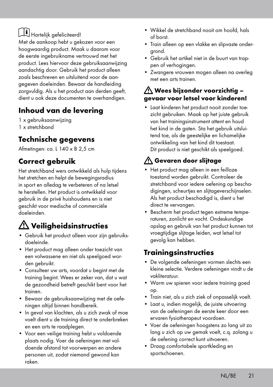 Inhoud van de levering, Technische gegevens, Correct gebruik | Veiligheidsinstructies, Trainingsinstructies | Crivit DF-1758 Stretchband User Manual | Page 21 / 28