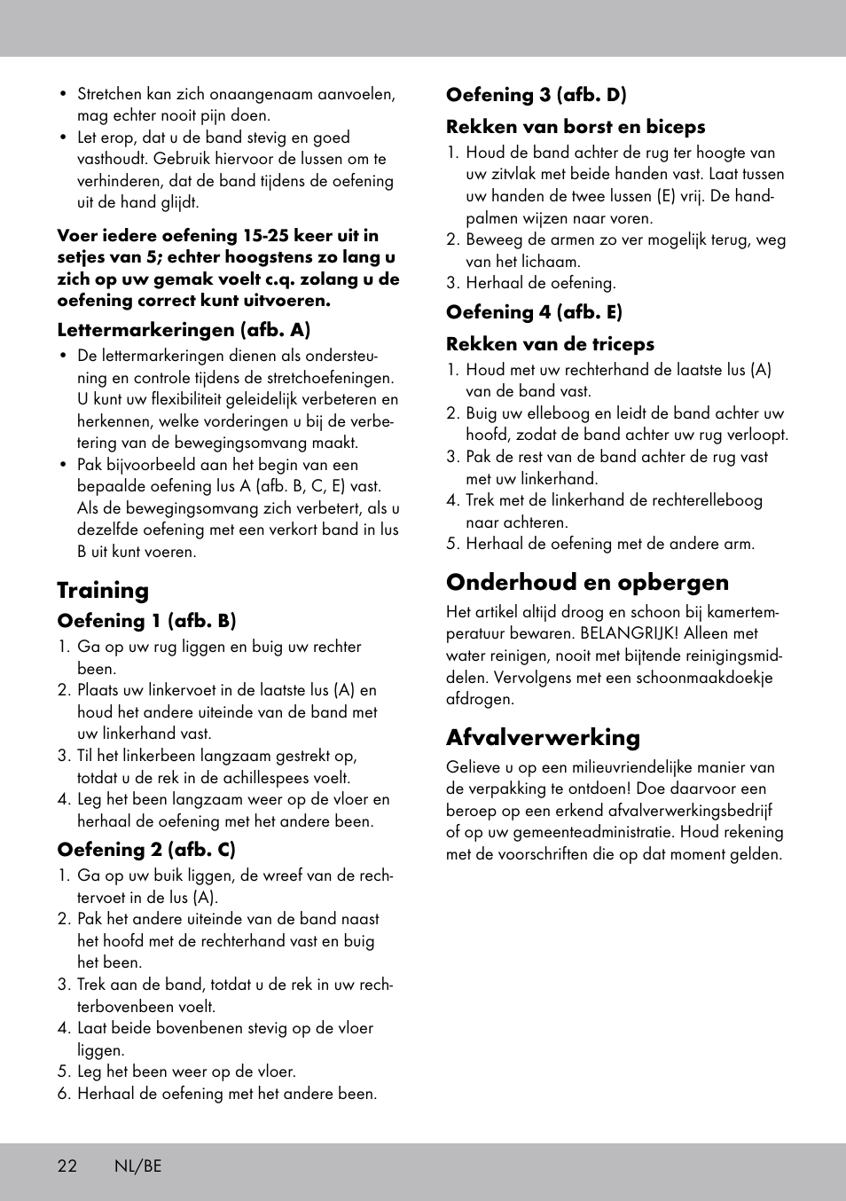 Onderhoud en opbergen, Afvalverwerking, Training | Crivit DF-1758 Stretchband User Manual | Page 22 / 28