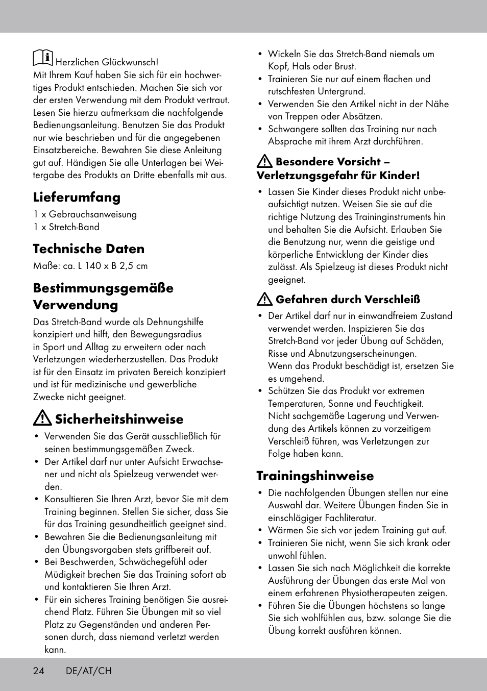 Trainingshinweise, Lieferumfang, Technische daten | Bestimmungsgemäße verwendung, Sicherheitshinweise | Crivit DF-1758 Stretchband User Manual | Page 24 / 28