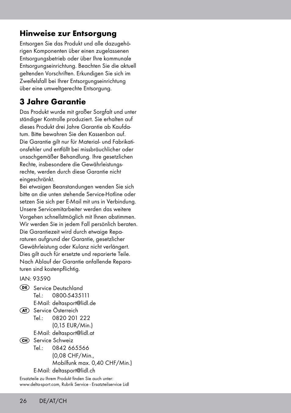 Hinweise zur entsorgung, 3 jahre garantie | Crivit DF-1758 Stretchband User Manual | Page 26 / 28