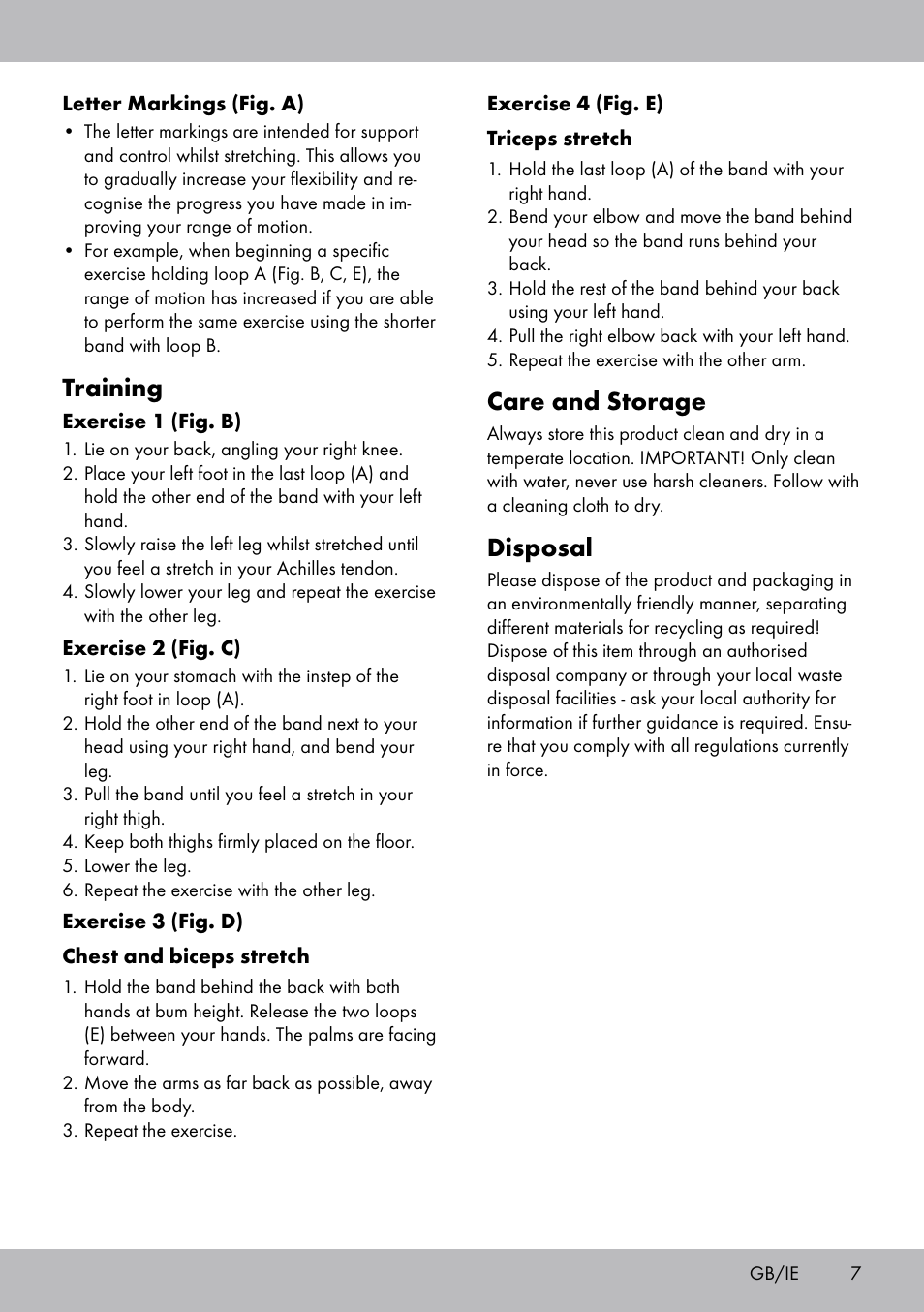 Care and storage, Disposal, Training | Crivit DF-1758 Stretchband User Manual | Page 7 / 28