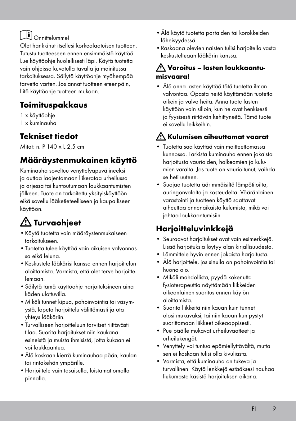 Toimituspakkaus, Tekniset tiedot, Määräystenmukainen käyttö | Turvaohjeet, Harjoitteluvinkkejä | Crivit DF-1758 Stretchband User Manual | Page 9 / 28