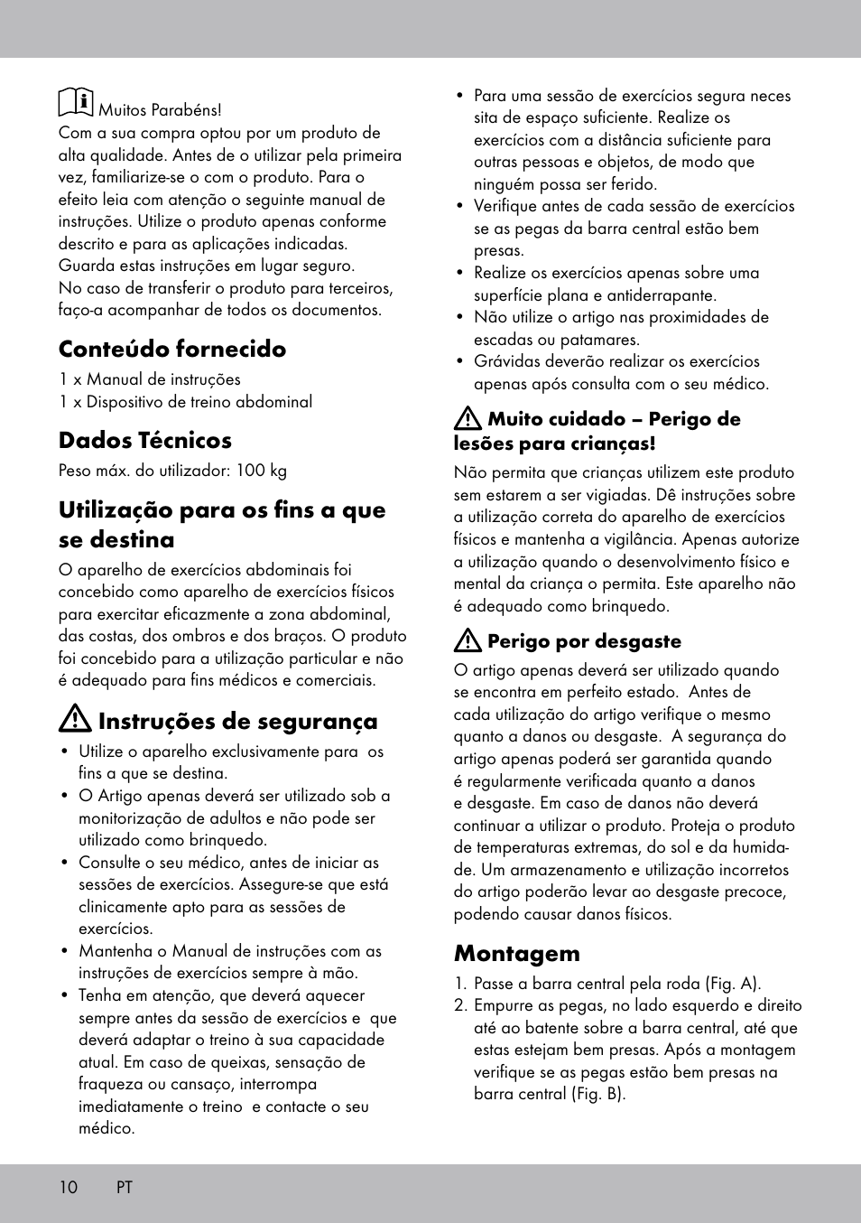 Montagem, Conteúdo fornecido, Dados técnicos | Utilização para os fins a que se destina, Instruções de segurança | Crivit DF-1756 Bauchtrainer User Manual | Page 10 / 16