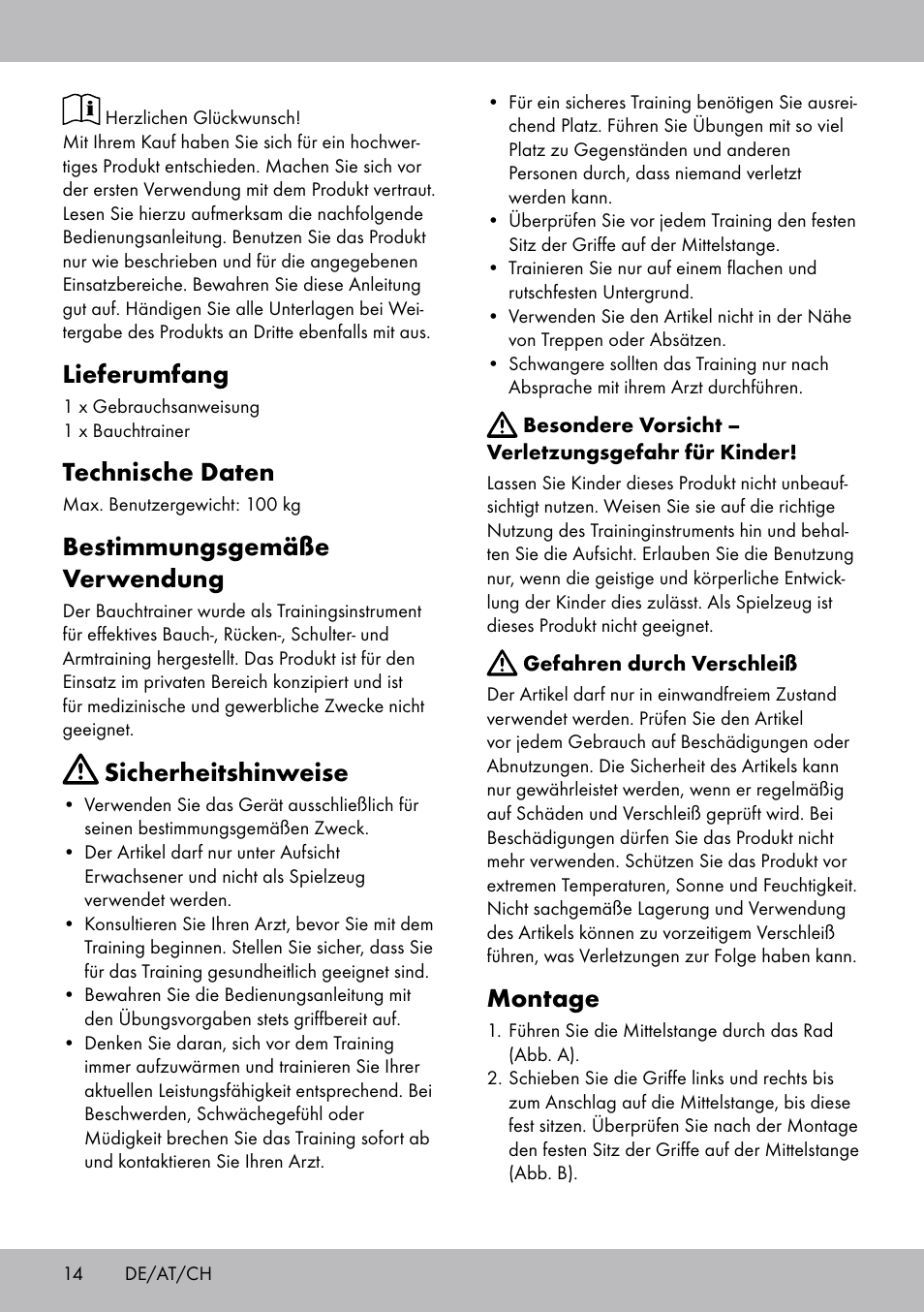 Montage, Lieferumfang, Technische daten | Bestimmungsgemäße verwendung, Sicherheitshinweise | Crivit DF-1756 Bauchtrainer User Manual | Page 14 / 16